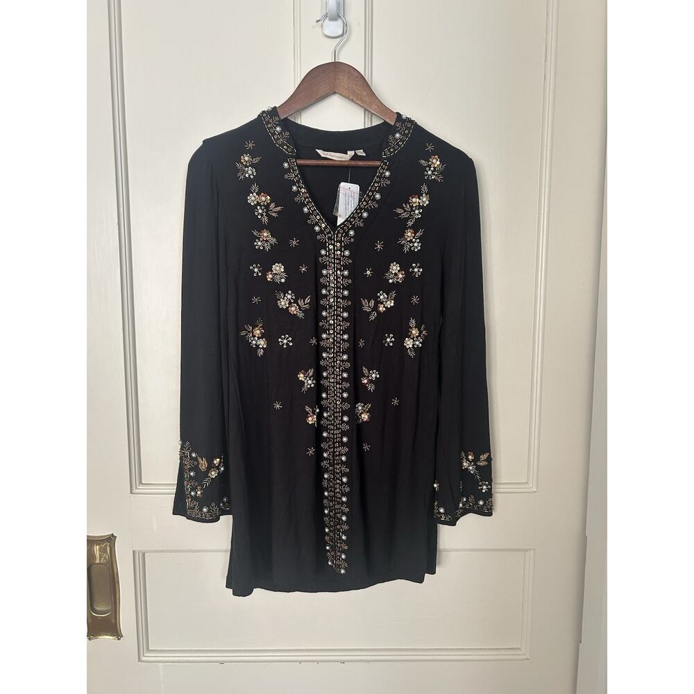 Soft Surroundings Festa Beaded Sequin Tunic Blouse Womens Size XS Black NWT